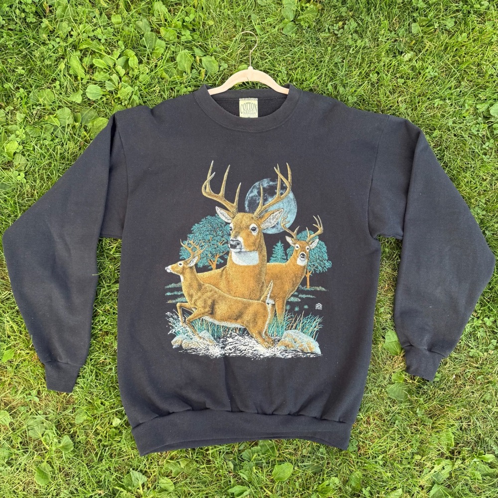 Cotton Grove Designs Deer Graphic Sweatshirt M/L Black Vintage 90s Made in USA